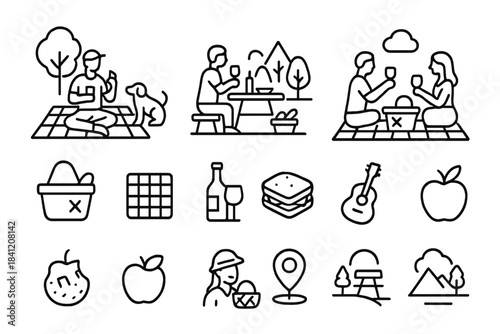 People enjoying a picnic with a dog in a park surrounded by trees and mountains during the day time