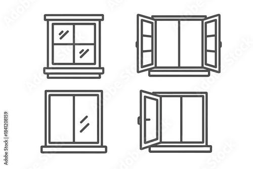 Different designs of window shapes and styles showing open and closed positions in a simple design layout