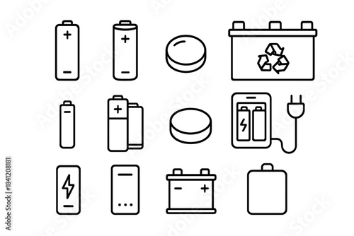 Various types of batteries and charging devices arranged in a grid format showcasing energy storage and recycling options