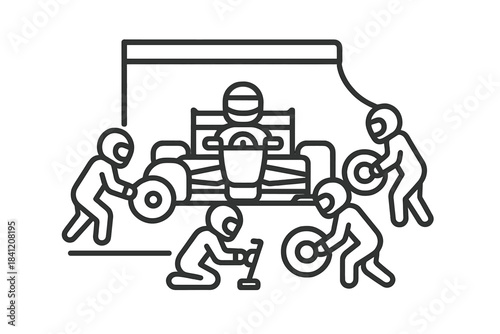 Racing team performing tire change during pit stop at a motorsport event in a racing circuit in the morning