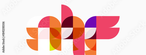 Abstract colorful shapes overlap, creating dynamic composition. Pink, orange, purple hues dominate neutral background. Modern design.