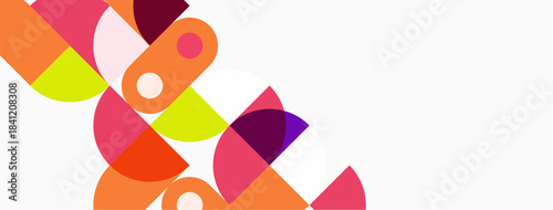 Abstract colorful circles overlap, creating dynamic composition. Bright hues contrast with white space. Modern design element.