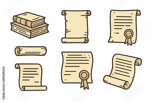 Various types of paper and old books with rolled documents and a seal on parchment in a simple design