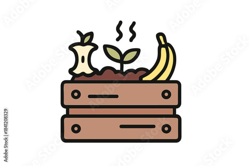 Composting work in a garden with fruit scraps and plant growth during daylight hours in a home setting