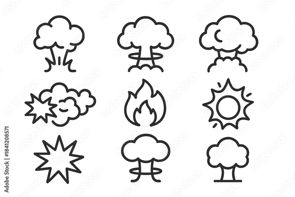 Obraz premium Collection of simple icons showing explosions, fire, and clouds in black line art style, suitable for various designs and themes