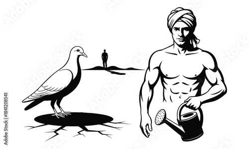 Man Watering Plant Near Pigeon