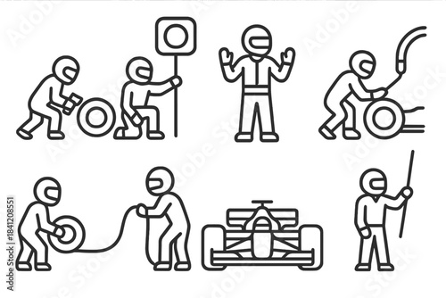 Race team members change tires during a pit stop while a car is being serviced on the track in a racing event