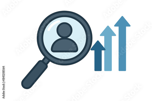 Looking for user growth with a magnifying glass and upward arrows in a simple design