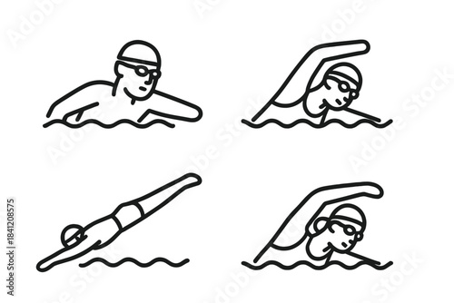 Swimmers performing different strokes in a training session at a pool during the morning hours
