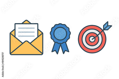 Symbols of communication, recognition, and goal setting through envelope, award medal, and target with arrow during daytime