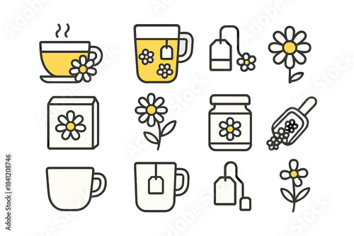 Designs featuring tea elements, flowers, and mugs in a simple and colorful style for various uses