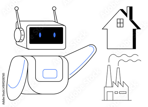 Automation, robotics, technology integration, industrial processes, smart homes, innovation. A robot pointing to a house and factory. Automation and robotics in industry and smart home concepts