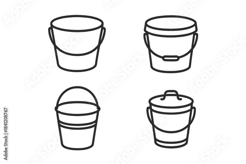 Different types of buckets arranged in a grid showing various shapes and handles for use in tasks
