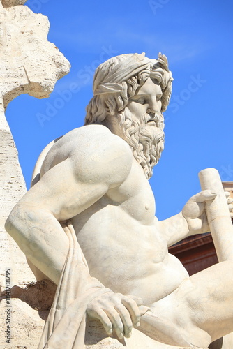 Fountain Statue Symbolizing Ganges Close Up in Rome, Italy