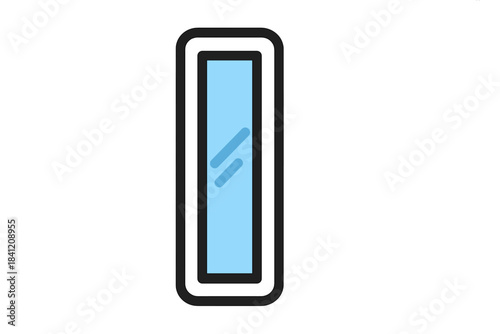 Simple design of a tall mirror with a blue reflection in a black outline on a white background