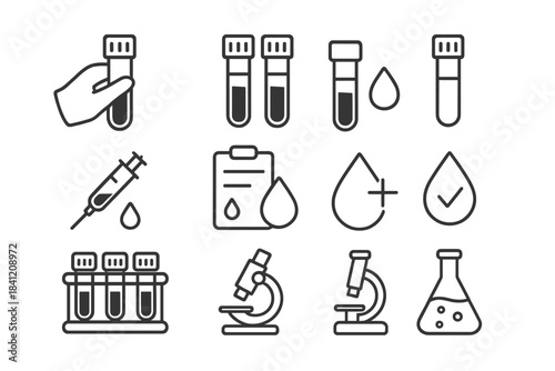 Medical lab tools and procedures shown in simple line art style with focus on testing and analysis for health