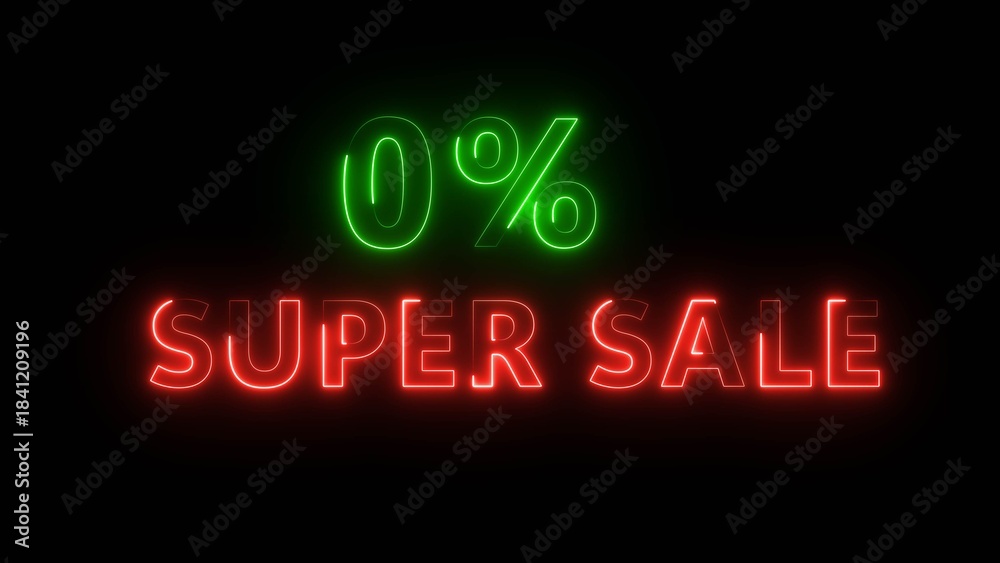 Obraz premium Neon 0% super sale illustration number. Neon business promotion discount offer. Sale special offer, Neon text.