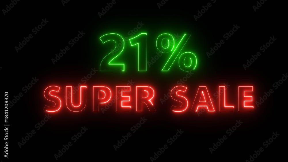 Obraz premium Neon 21% super sale illustration number. Neon business promotion discount offer. Sale special offer, Neon text.