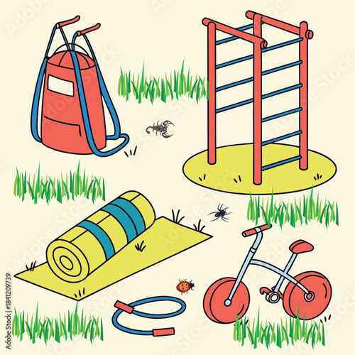 Cartoon illustration vector set of fun summer children playground equipment design in the park
