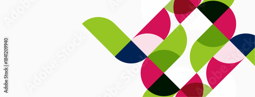 Abstract geometric shapes overlap, creating colorful pattern. Green, pink, navy, black hues dominate white background. Modern design.