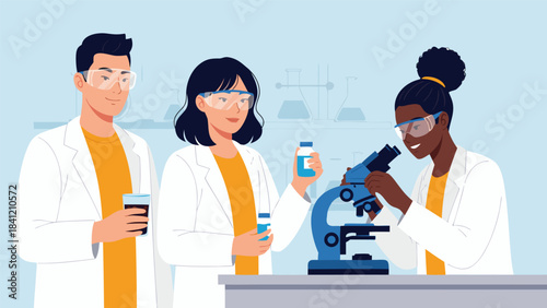 Diverse group of scientists in a laboratory setting, conducting research with a microscope and samples.