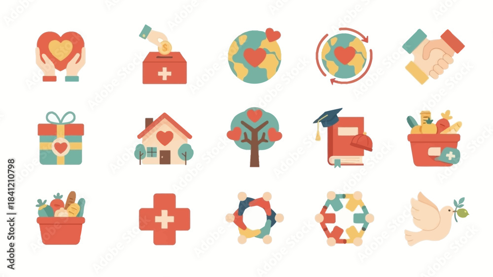 Fototapeta premium Collection of flat design icons representing charity, donation, and social responsibility concepts.