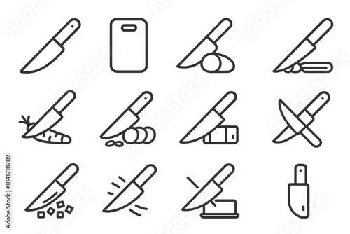 Different types of knives shown with cutting board and various food items in black and white outline style