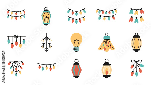 Collection of festive holiday lights and lanterns for decoration.