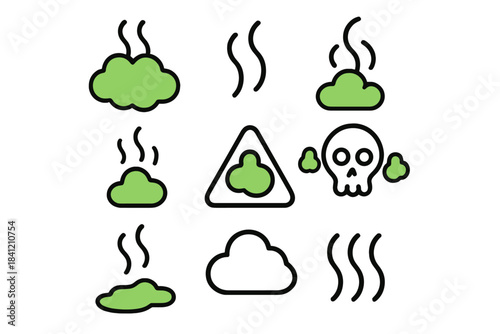 Symbols showing air pollution effects with clouds, a skull, and a caution sign in a simple layout