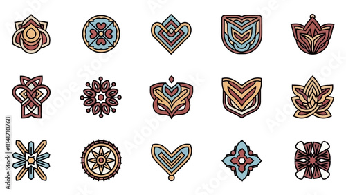 Collection of fifteen unique abstract mandala and tribal inspired symbols.