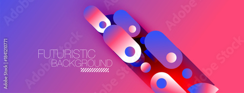 Abstract geometric shapes, vibrant purple, pink gradients. Modern design, dynamic composition, smooth transitions create futuristic feel.