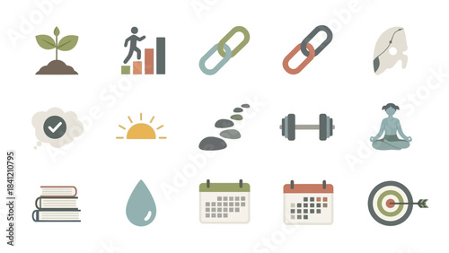 Collection of Flat Design Icons Representing Growth, Success, and Wellness.