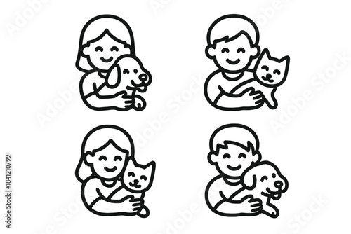 Children holding pets in simple drawings that show love and friendship between kids and animals