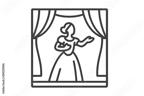 Woman performing on stage in front of curtains during a theatre show at an unspecified time and location