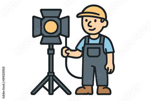 Lighting technician works with studio light for a production at a filming location during daytime hours