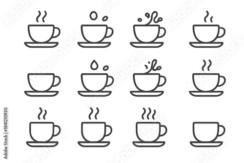 Different types of coffee cups with steam and liquid splashes on a white background