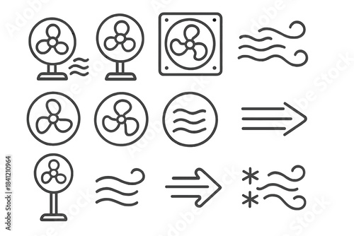 Different types of fans and airflow symbols used for design or illustration in simple lines