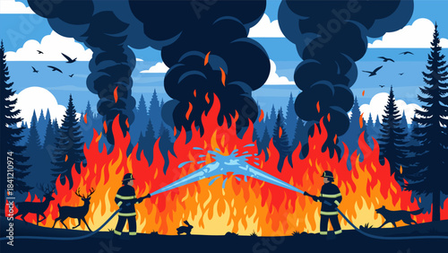 Firefighters bravely battle a raging forest fire, spraying water to protect wildlife and trees from the intense flames and thick smoke.