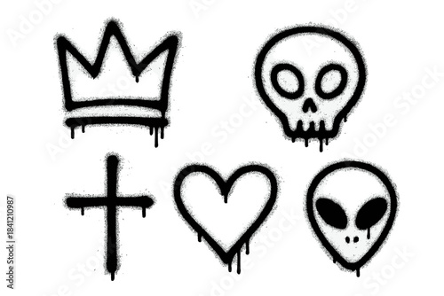 Black spray paint graffiti symbols set featuring crown, skull, cross, heart, and alien head design