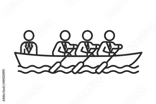 Rowing team with four members and one coach in a boat during a practice session on a river during the day