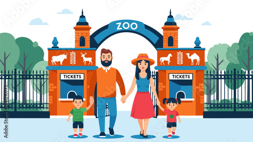 A happy family of four holding hands in front of the entrance to a zoo with ticket booths and animal silhouettes.