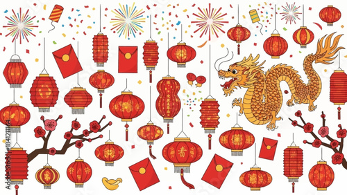 Vibrant Lunar New Year Celebration with Dragon and Red Lanterns