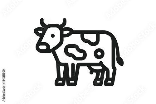 Spotted dairy cow standing sideways, simple black and white outline drawing