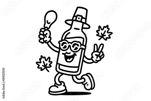 Happy beverage bottle mascot wearing a Pilgrim hat and glasses celebrating autumn