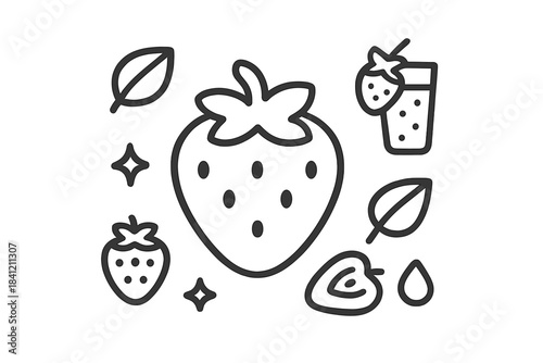 Set of outline icons featuring fresh strawberries, leaves, juice drink, and fruit slices