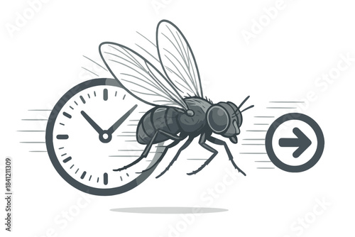 Grayscale housefly flying quickly past a clock face symbolizing the rapid passage of time concept