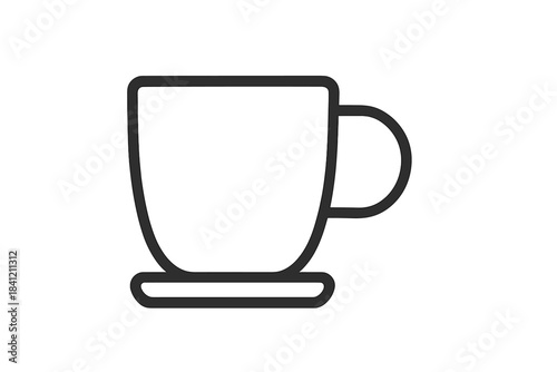 A simple minimalist coffee mug or tea cup with a handle resting on a small saucer