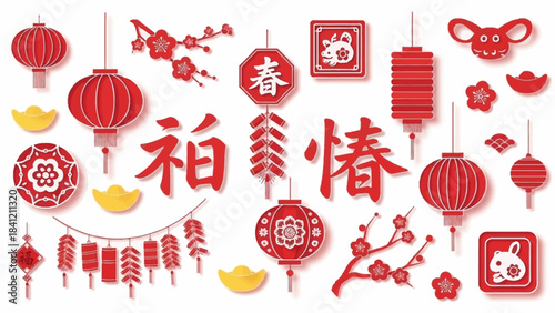 Festive Chinese New Year Decorations with Traditional Red and Gold Elements