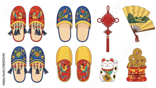 Chinese New Year Decor Slippers, Knot, Fan, Cat & Gold