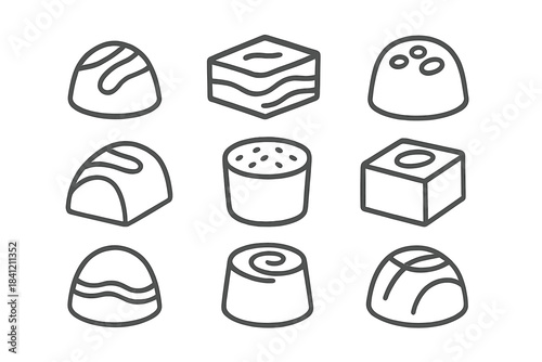Variety set of nine different gourmet chocolate bonbons and pralines in simple line art